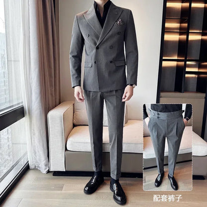(Jackets+Pants) Luxury Double Breasted Design Slim Fit Suit High Quality Fashion Men's Wedding Social Suit Tuxedo 2 Piece Set