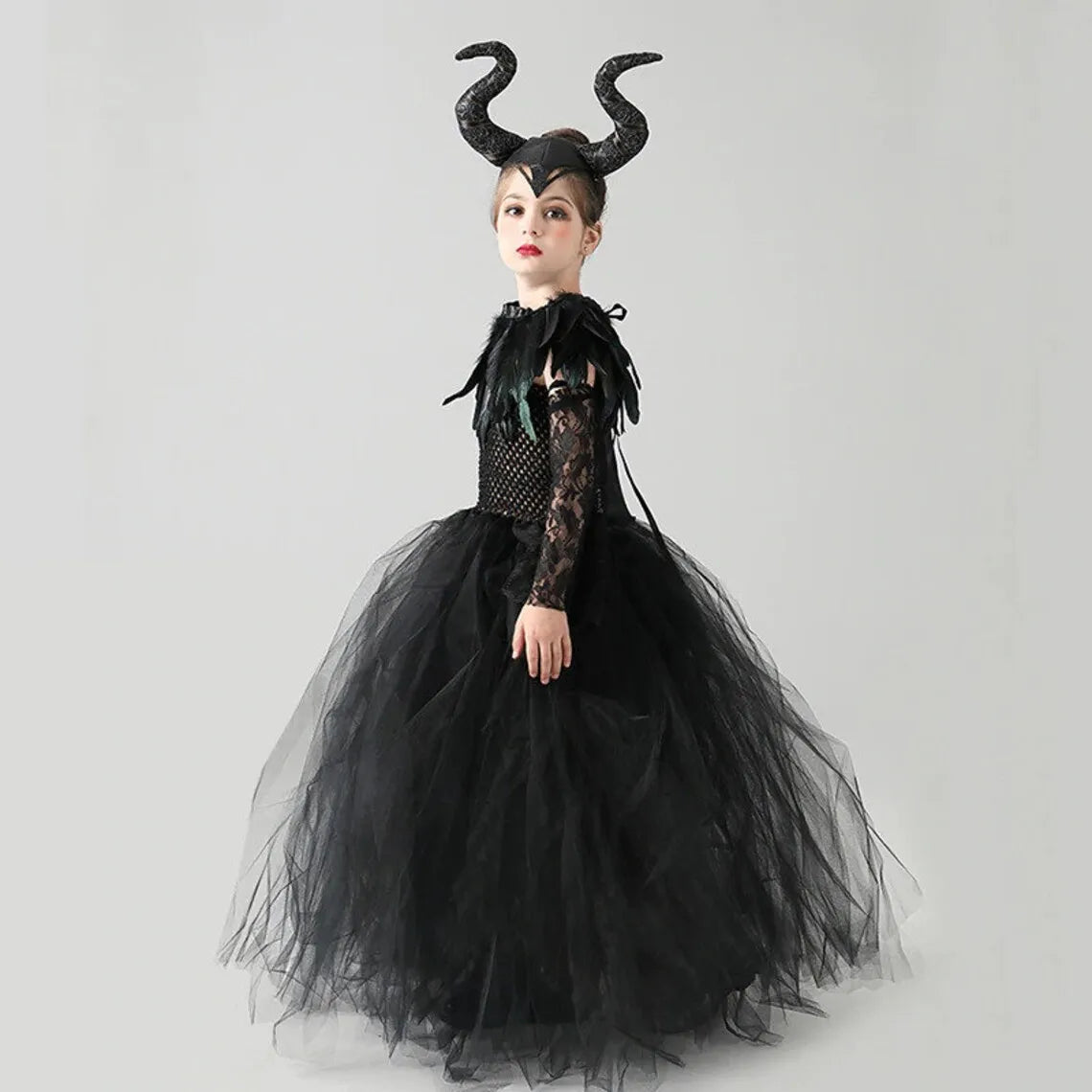 2-10Yrs Maleficent Girl Evil Queen Black Tutu Dress with Feather Scarf Halloween 2026 Villain Party Gothic Costume Gown Vestidos