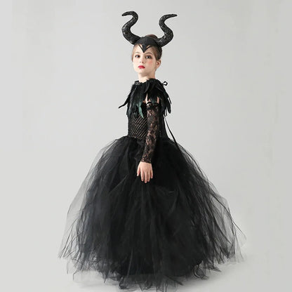 2-10Yrs Maleficent Girl Evil Queen Black Tutu Dress with Feather Scarf Halloween 2026 Villain Party Gothic Costume Gown Vestidos