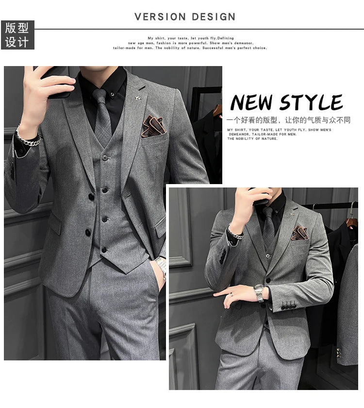 ( Blazer + Vest + Pants ) Boutique Fashion Solid Color Men's Slim Casual Business Suit Three-piece Set Groom Wedding Dress Party