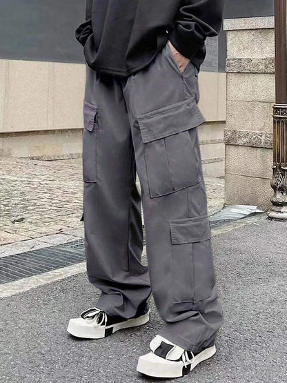 Men's Spring and Autumn Multi-Pocket Cargo Pants with Elastic Waistband and Drawstring Adjustment, Solid Color Multi-Pocket Long Pants Suitable for Outdoor Sports and Leisure