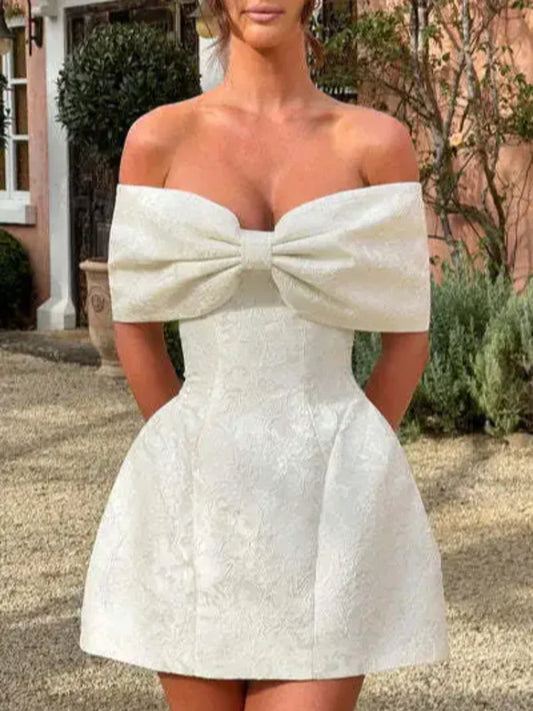 Fashionable And Sweet Slim Fit Jacquard Strapless Tie Bow One Shoulder Short Skirt American Sexy Temperament Solid Color Dresses