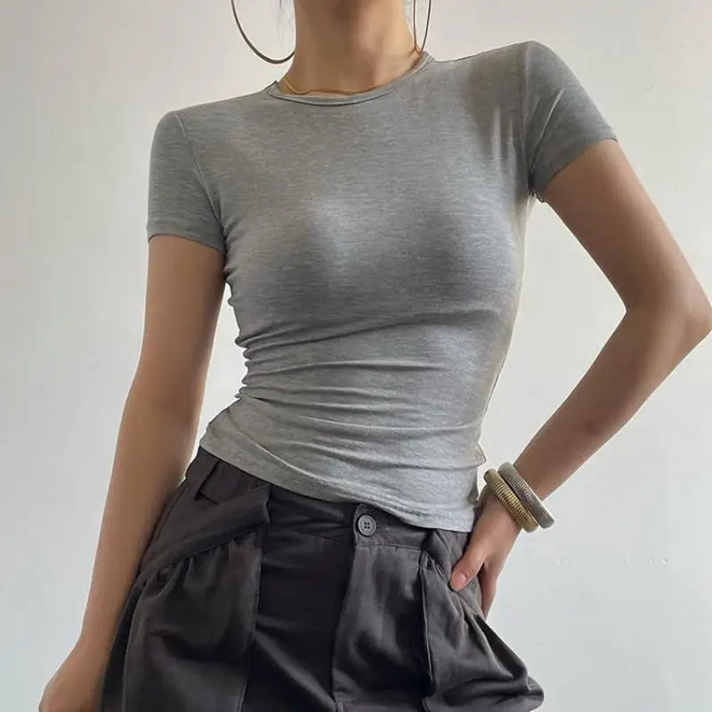 Back Hollow Out Solid Women's T-shirt Korean Fashion Short Sleeve Slim Streetwear Summer Tops Soft Tees Female Clothing