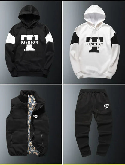 3 Pieces Set Hoodies+Vest+Pants Casual Track Suit Clothing Coats Winter Thick Warm Tracksuit for Couple Printed Mens Set Vest