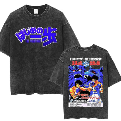 Anime Hajime No Ippo Washed Vintage T-shirt Kamogawa Boxing Gym Harajuku T-shirts Makunouchi Takamura KGB Loose Cotton T Shirt
