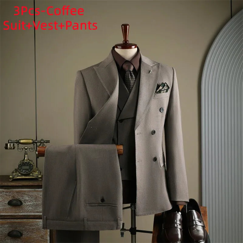 Terno Masculino de Alta Qualidade Formal Social Slim Fit Abotoamento Duplo Listrado Conjunto de Terno Noivo Casamento Roupa de Festa Smoking Roupa Masculina