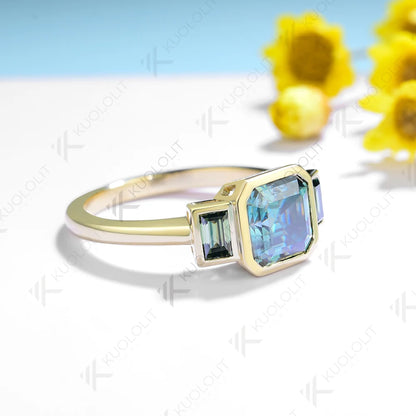 2CT Cyan Moissanite Rings for Women Solid 14K 10K 585 Yelllow Gold Asscher Ring for Engagement Anniversary Engagement