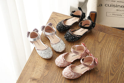 New Kids Leather Shoes Girls Wedding Shoes Children Princess Sandals Sequins Bow Girls Casual Dance Shoes Flat Sandals