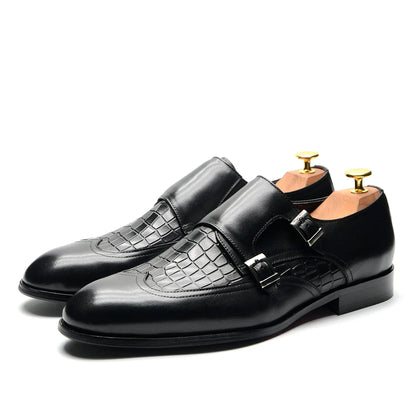 Classic Men's Genuine Leather Dress Shoes Double Buckle Monk Strap Wingtip Crocodile Print Business Office Formal Footwear Man