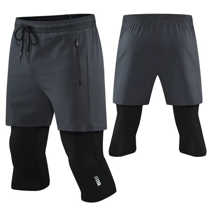 Men Tight Sport 2 In 1 Cropped Pants 2024 Summer Elastic Quick-dry Compression Workout Training Exercise Running Sports Shorts