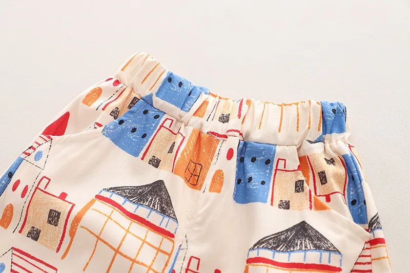 2PC Summer Boys' Short-sleeve Shirt Tops Print Fashionable Outfit for Outdoor Wear New Summer Trendy Set for Kids