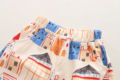 2PC Summer Boys' Short-sleeve Shirt Tops Print Fashionable Outfit for Outdoor Wear New Summer Trendy Set for Kids