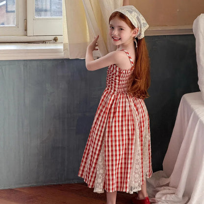 2025 Summer New Children Fairy Long Dress for Girls French Red Checkered Lace Splicing Lace Strap Dress