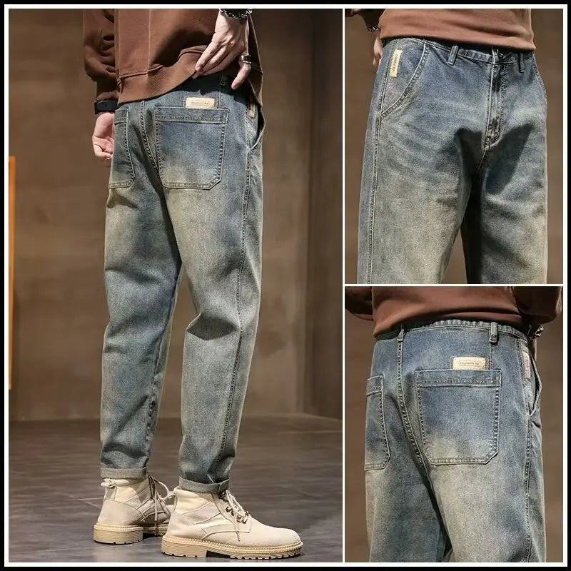 Calça Jeans Masculina Primavera Vintage Elástica Casual Longa Calça Reta Slim Algodão Poliéster Lavada para Adolescentes