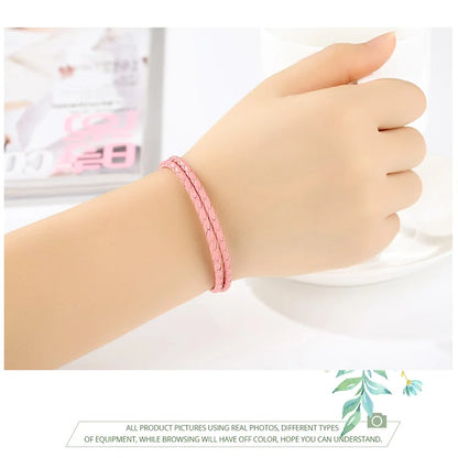 Genuine Long Double Pink Black Braided Leather Chain Women Bracelets with 925 Sterling Silver Snake Clasp PAS908
