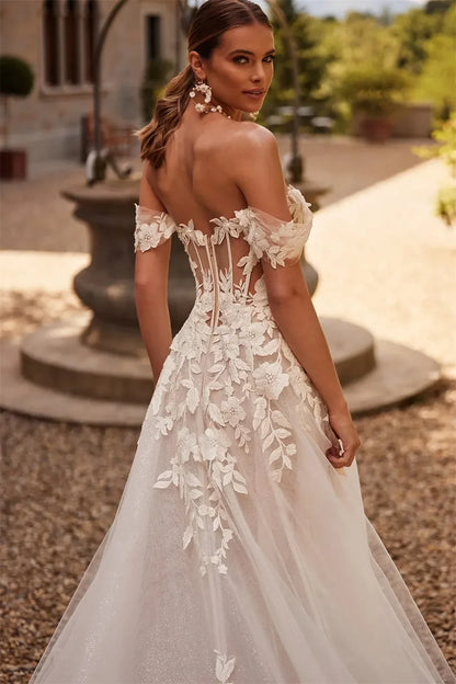 Charming Off The Shoulder 3D Flower Lace Applique A Line Wedding Dresses Custom Made 2025 Rode De Morrie
