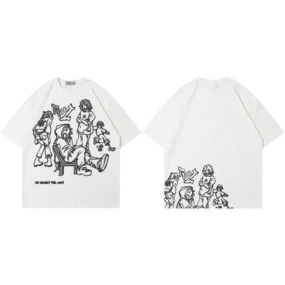 Harajuku Cartoon Girl Cat Japanese Kanji Graphic T Shirt Streetwear Men T-Shirt Summer Short Sleeve Tshirt Tops Tees Unisex