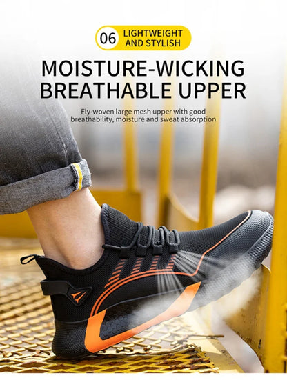 Men's Safety Shoes Anti- Crush Steel Toe Puncture Resistant Kevlar Lightweight Breathable Upper Slip-On Work Shoes