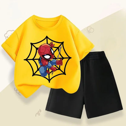 2026 Marvel Boys Casual Outfits Children Breathable T Shirt Shorts Two Piece Set Summer Kids Cartoon Print Sport Clothing Suit