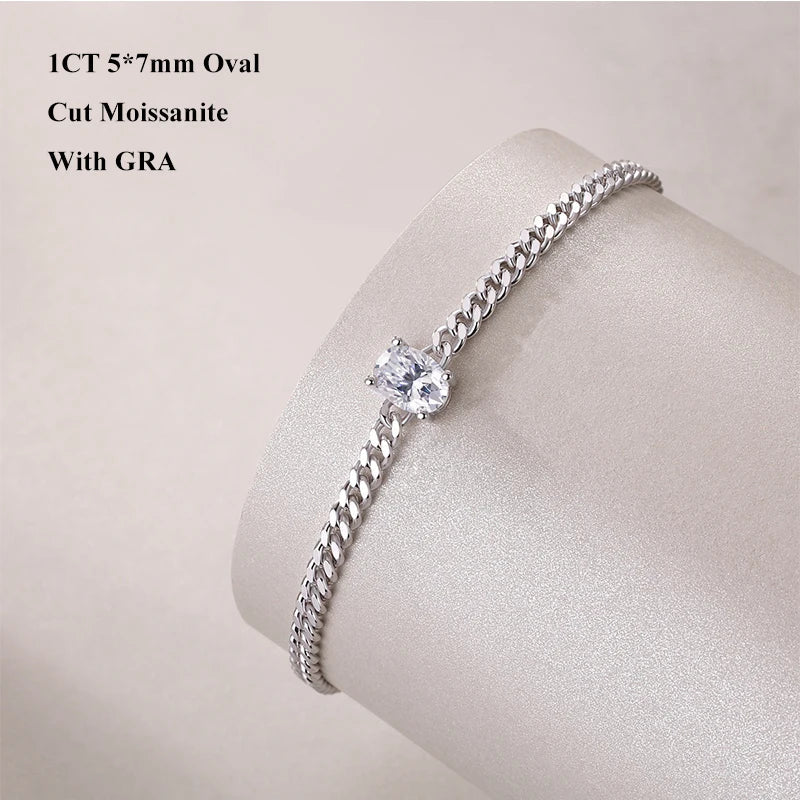 1CT Oval Cut D Color Moissanite Diamond Bracelet for Women 925 Silver Plated 18k Adjustable 16-21cm Cuban Link Bracelets
