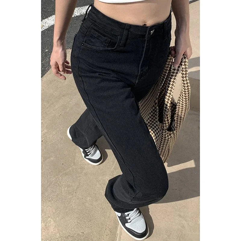 Calça Jeans Feminina Coreana de Cintura Alta Reta Streetwear