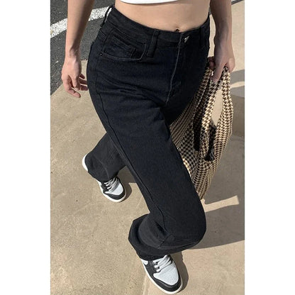 Calça Jeans Feminina Coreana de Cintura Alta Reta Streetwear