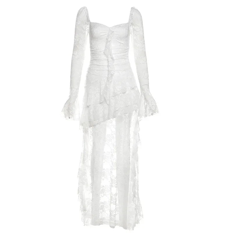 Lace Flare Sleeve Square Neck A-line Dress Sweet E-girl Irregular Long Hem Dresses Cyber Y2K Party Vestido