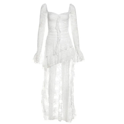Lace Flare Sleeve Square Neck A-line Dress Sweet E-girl Irregular Long Hem Dresses Cyber Y2K Party Vestido