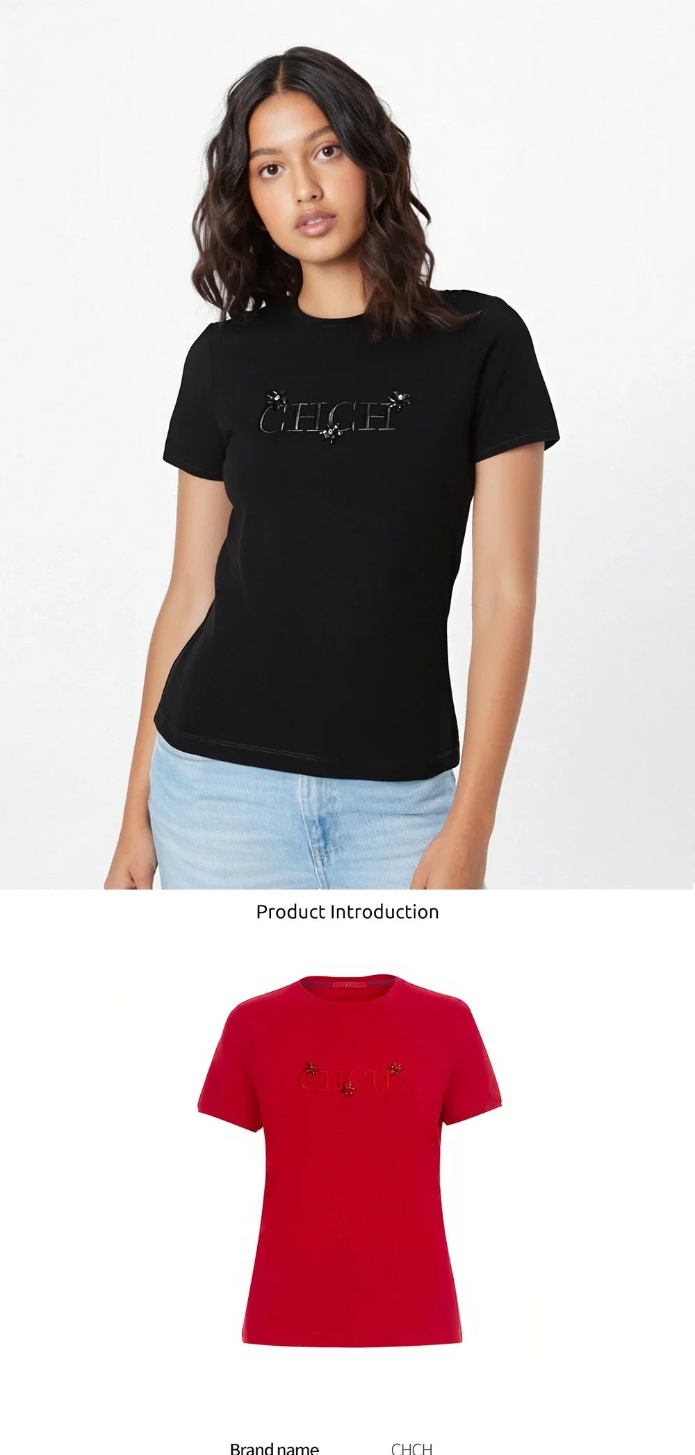 Women's T-shirt New Black Heavy duty Embroidered Round Neck Top Casual Comfortable Top