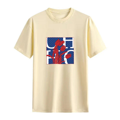 Women's T Shirts Short Sleeve O Neck Casual Flower Design Cotton Female Tops Women Tee Tops