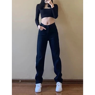 Fashionable Casual Straight Leg Women's Pure Black Jeans High Waisted Slim Fit Wide Leg Pants 2024 New Jeans
