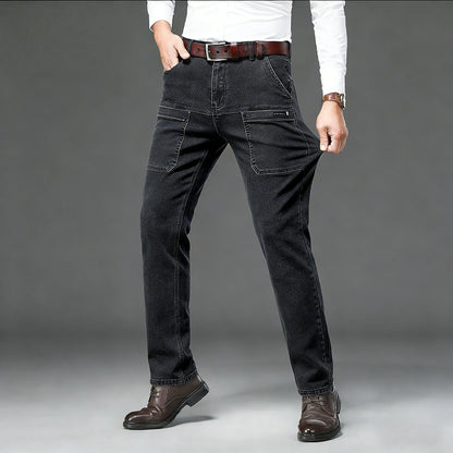 Men's retro workwear jeans, slim fit straight leg with multiple pockets, micro elastic versatile casual pants
