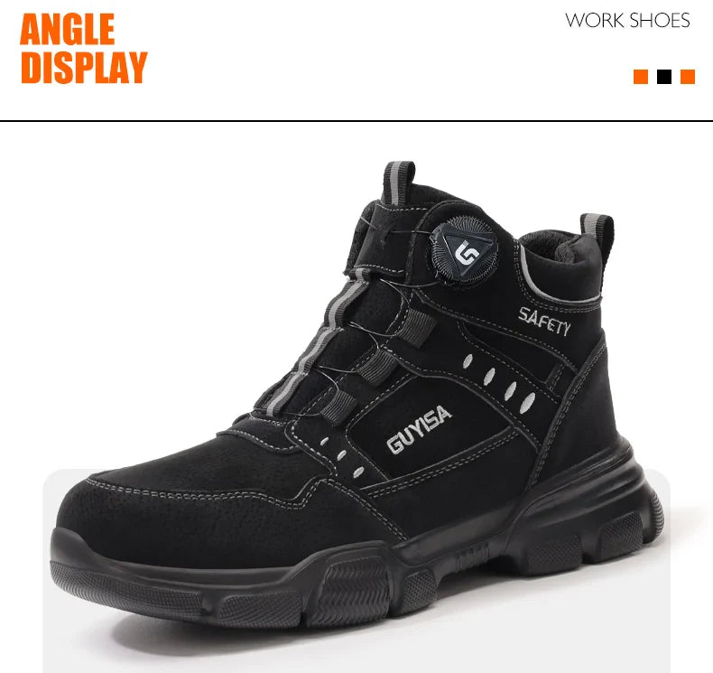 Men's Steel Head Work Shoes Anti Smash and Anti stab Khaki High Top Intelligent Buckle Simple Fashion Industrial Style Pr
