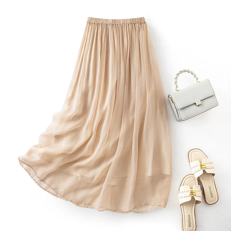 Women 100%Real Silk Elegant Skirts, Elastic Waist Solid, French Temperament Fairy Commute Skirt, 2025 Summer B56433CC