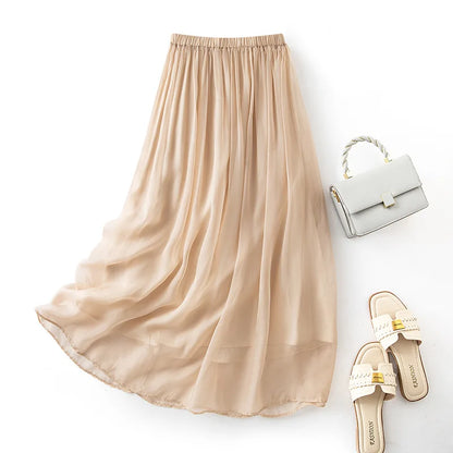 Women 100%Real Silk Elegant Skirts, Elastic Waist Solid, French Temperament Fairy Commute Skirt, 2025 Summer B56433CC