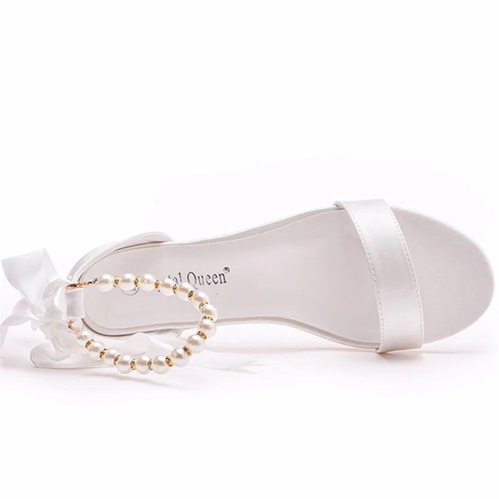 Summer new 2-cm square-heeled silk ribbon pearl rhinestone low-heeled wedding shoes beaded lace-up flat large-size women sandals