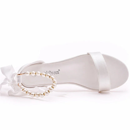 Summer new 2-cm square-heeled silk ribbon pearl rhinestone low-heeled wedding shoes beaded lace-up flat large-size women sandals