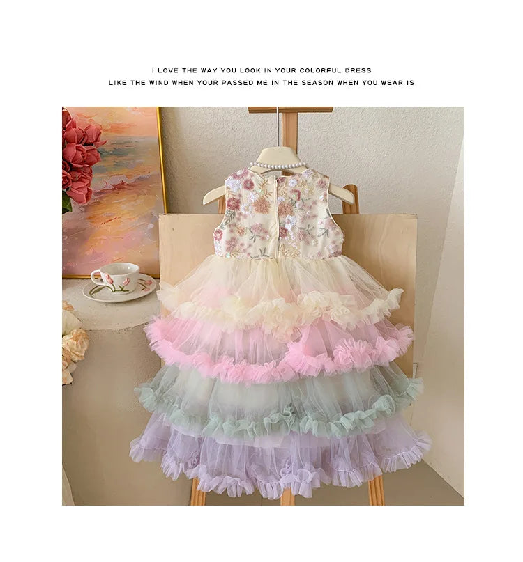 Vestido Regata para Meninas Verão 2025 Novo Vestido Elegante de Malha com Babados para Meninas Vestido Princesa Roupa Infantil de Fada