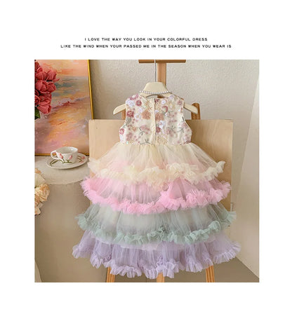 Vestido Regata para Meninas Verão 2025 Novo Vestido Elegante de Malha com Babados para Meninas Vestido Princesa Roupa Infantil de Fada