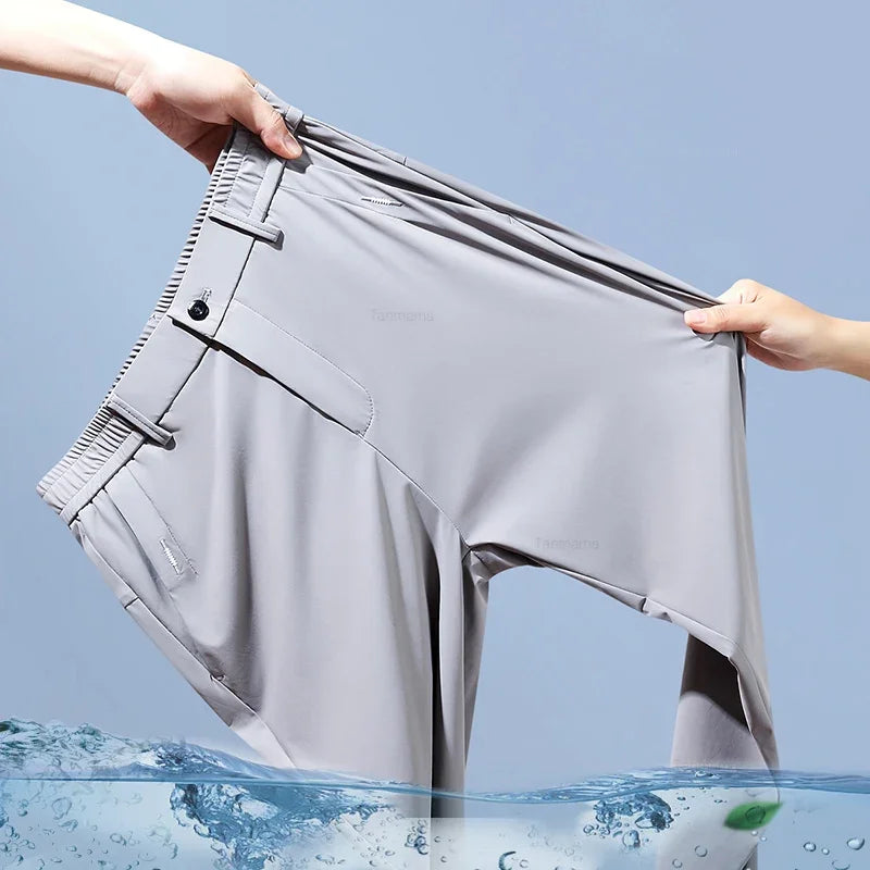 Ultra-thin Elastic Men's Casual Trousers Summer Quick-drying Ice Silk Slim Straight Business Solid Color Trousers Black Gray