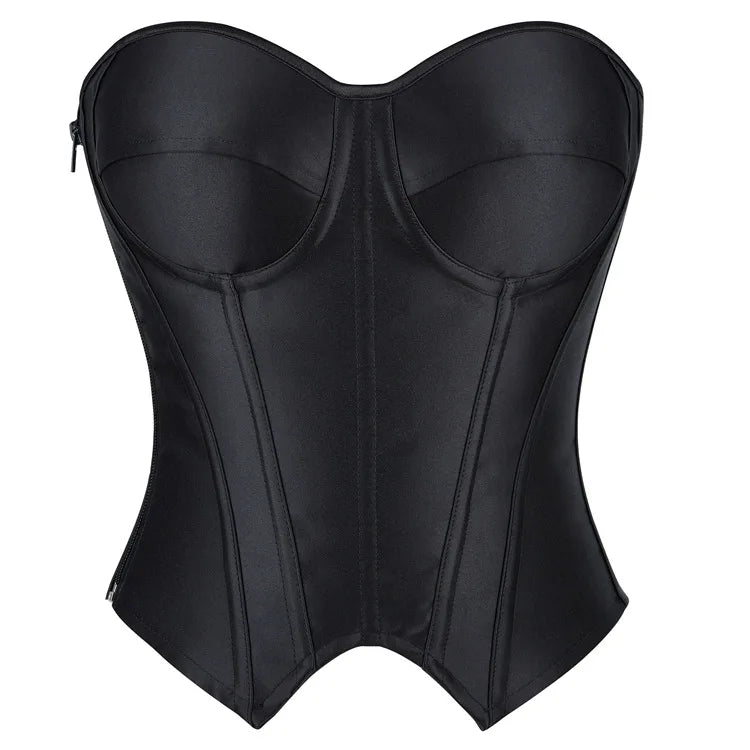 Black Striped Zipper Overbust Corset and Bustier Shapewear Top for Women Office Lady Corselet