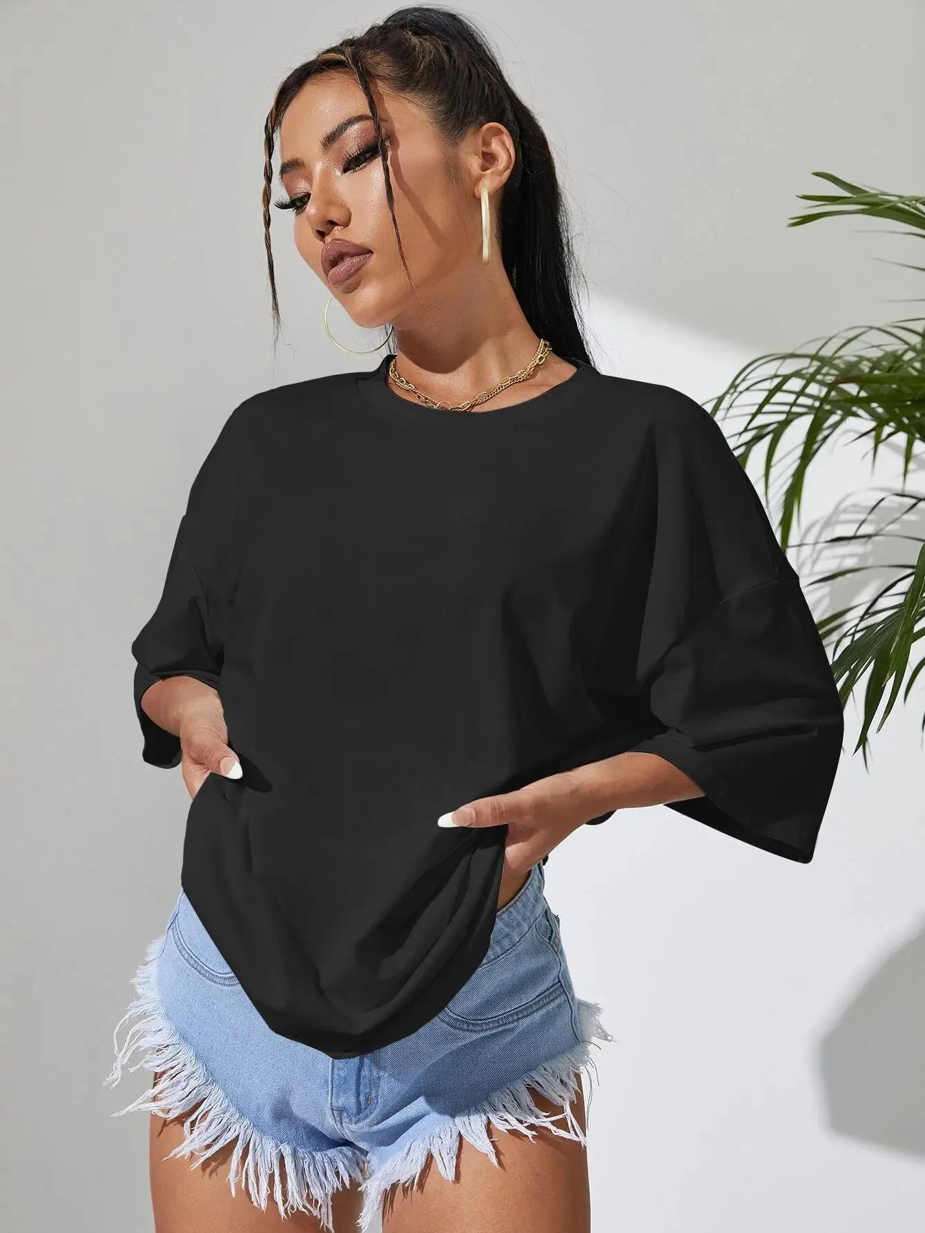Camiseta Feminina de Manga Curta Cor Sólida para Fitness, Algodão Macio, Respirável, Roupas Confortáveis, Básica, Versátil, Solta