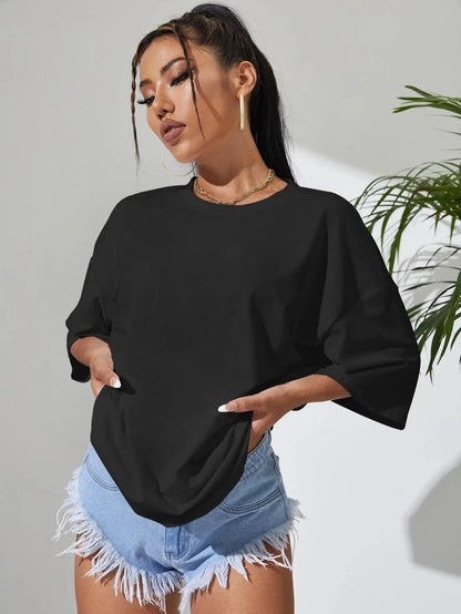 Camiseta Feminina de Manga Curta Cor Sólida para Fitness, Algodão Macio, Respirável, Roupas Confortáveis, Básica, Versátil, Solta