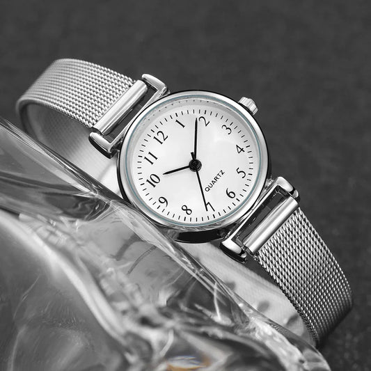 6PCS Women's Watch Fashion Arabic Dial Steel Mesh Band Quartz Watch Diamond Jewelry Set(Without Box)