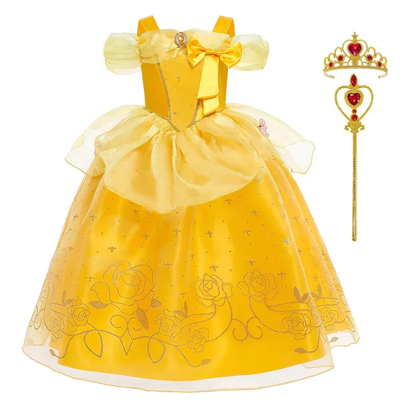 Girls Cosplay Belle Princess Dress for Kids Beauty and The Beast Costumes Children Birthday Party with Flower Clothes