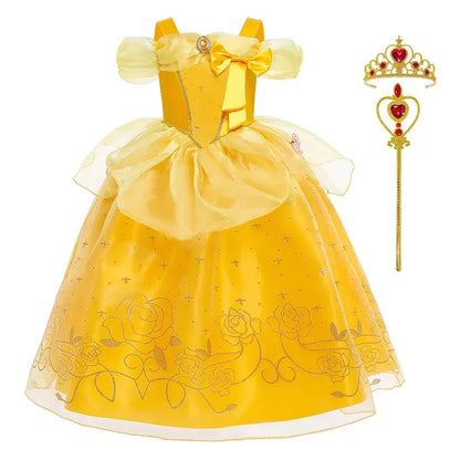 Girls Cosplay Belle Princess Dress for Kids Beauty and The Beast Costumes Children Birthday Party with Flower Clothes