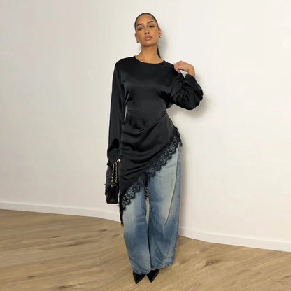 Women's Satin Blouse With Lace Trim Fashion O-neck Long Sleeve Lace Up Waist Irregular Tops 2026 Spring New Chic Lady Streetwear
