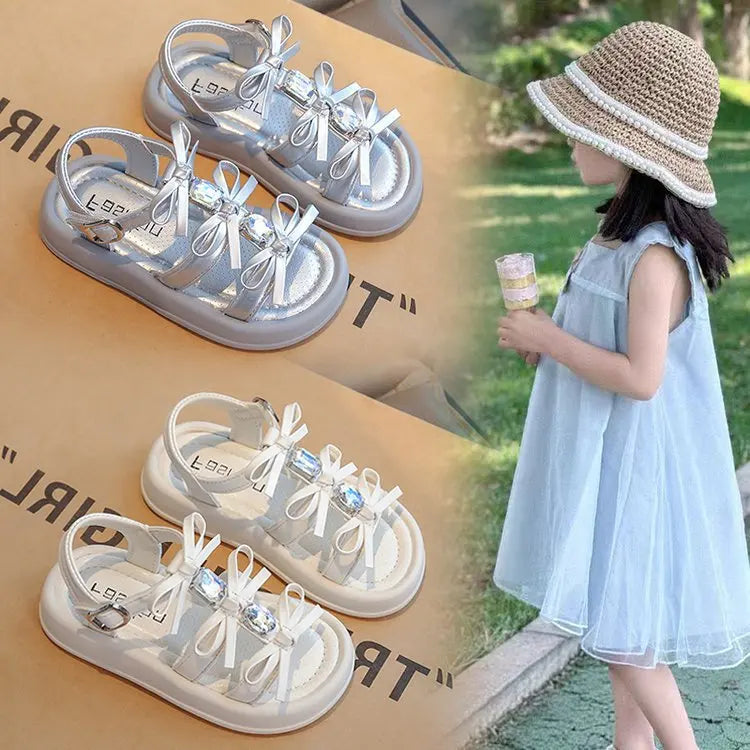Summer Kids Fashion Hollow-out Roman Sandals Student Water Diamond Bow Sandals Sweet Bowknot Comfortable Elegant Girls Shoes
