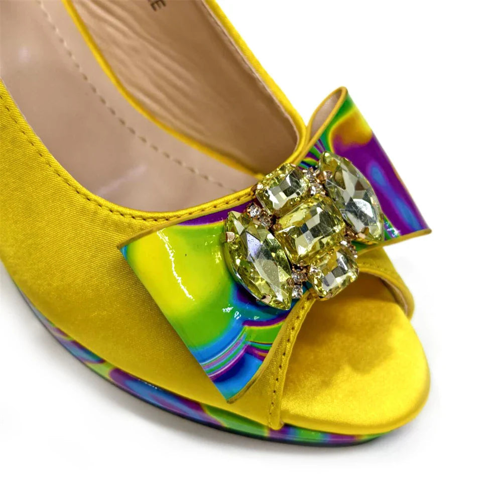 Fashion Purple Color Painted Rhinestones Elegant Peep Toe Sandals Shoes and Bag Set Italian Heels for Womens