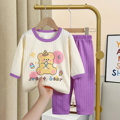 Cartoon Bear Print Tops+Trouser Fashion Home Clothing Boys And Girls Spring Summer 2024 New Sleepwear 2pcs Toddler Thin Suits